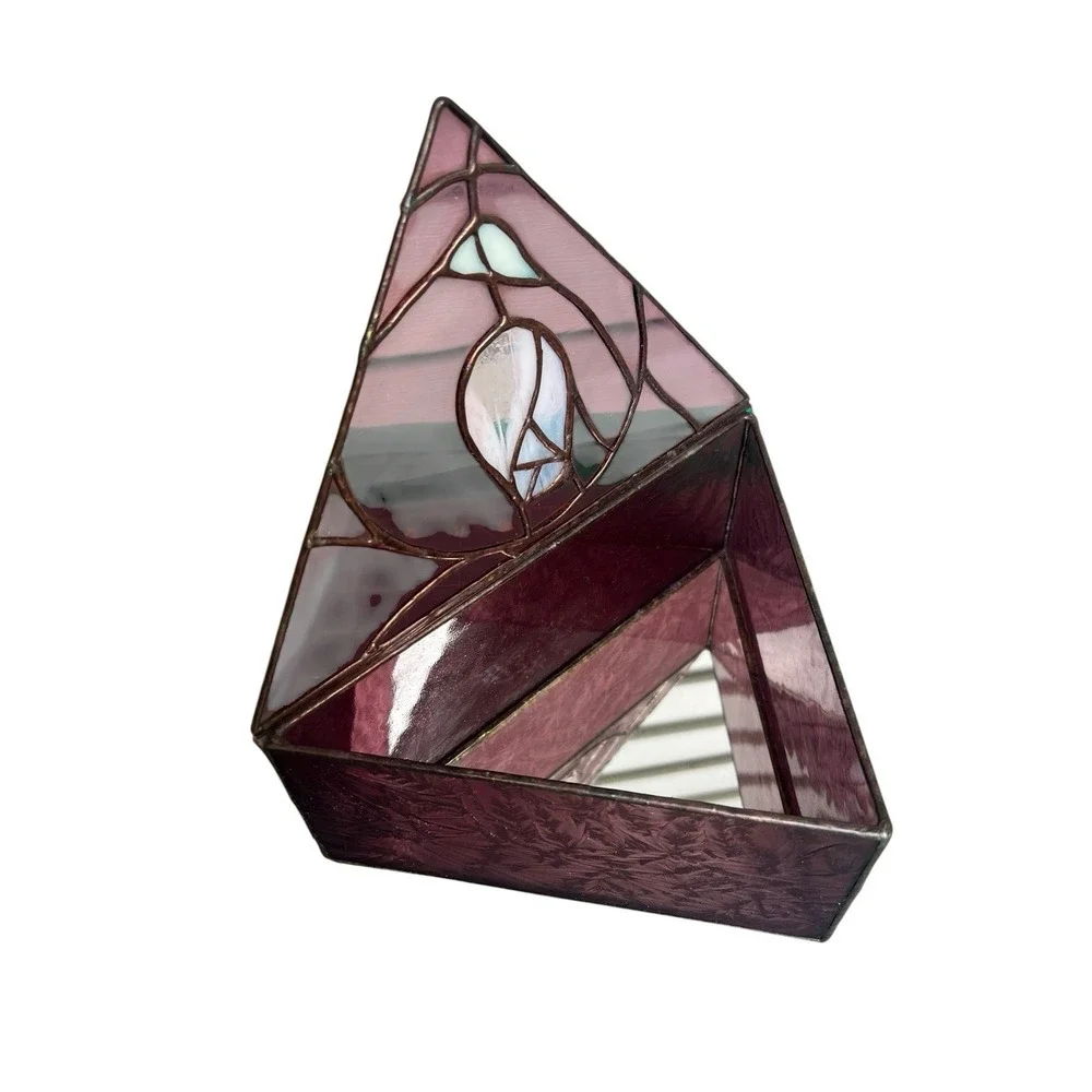 Handmade Stained Glass‎ Rose Jewelry Box Purple Amethyst Triangle Trinket Box